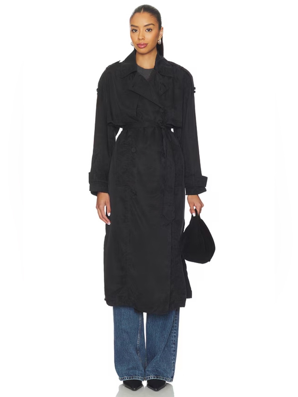 AllSaints Linnie Trench Coat Black Belted Long Double Breasted Coat Medium